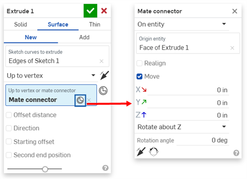 Hacer clic en el conector de relación, en el cuadro de diálogo Extrusión, para abrir el cuadro de diálogo Conector de relación y editar la relación