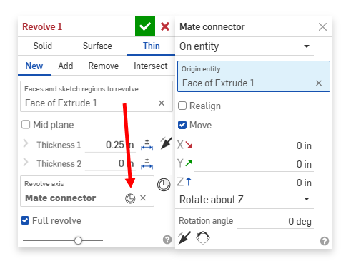 Haga clic en el icono del conector de relación en el cuadro de diálogo Revolución para abrir el cuadro de diálogo Edición del conector de relación.