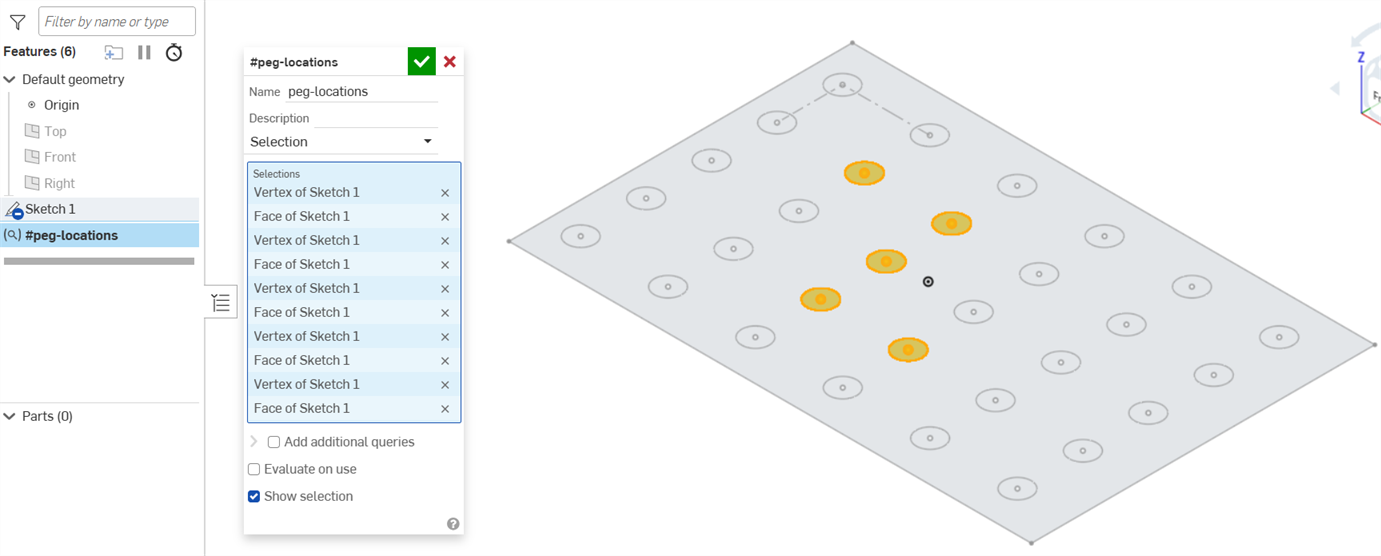 Query variable dialog with a subset of verteces and faces selected from a pegboard sketch