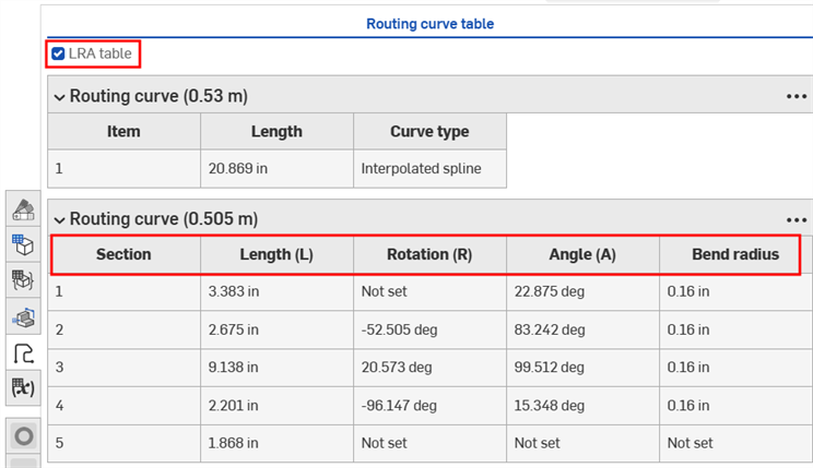 LRA checkbox selected in the Routing curve table