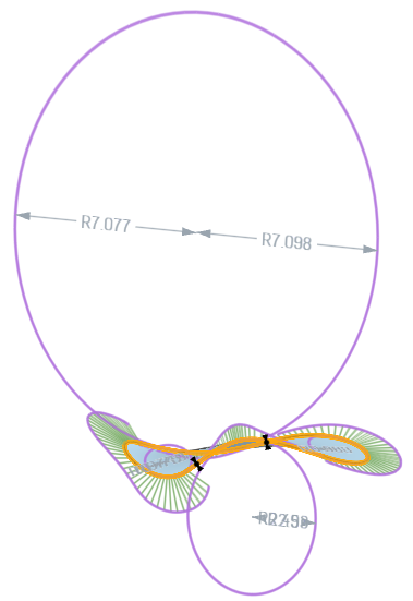 Mostrar ejemplo de curvatura con Mostrar para aristas previsualizadas, Mostrar peines de curvatura, Mostrar puntos de inflexión y Mostrar radio mínimo habilitados