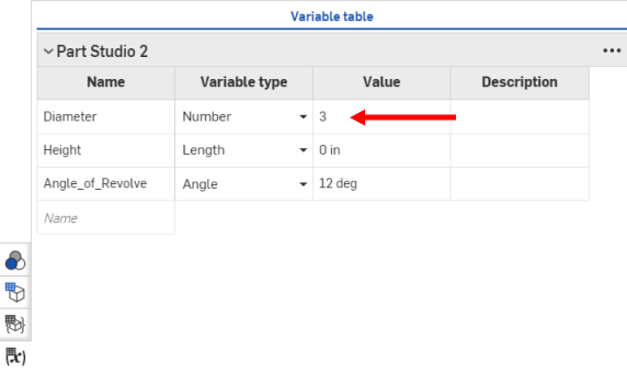 Ejemplo en el que se muestra dónde hacer clic en la tabla de variables para acceder a la lista desplegable de la columna Tipo de variable