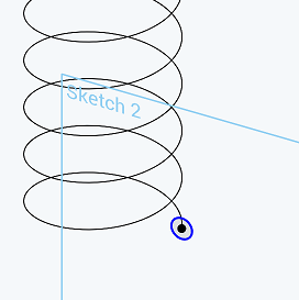 Ejemplo de herramienta Hélice en el que se muestra un boceto de un círculo en el punto anterior de la hélice