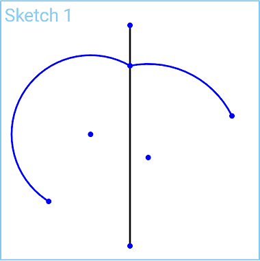 Ejemplo de uso de la herramienta Restricción simétrica, un boceto de dos arcos asimétricos y una línea que pasa por el centro