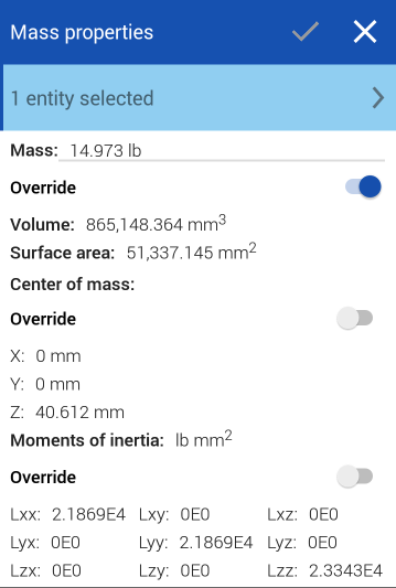 Ejemplo de la herramienta Propiedades de masa en uso en un Ensamblaje
