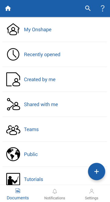 Página de inicio de Onshape en Android