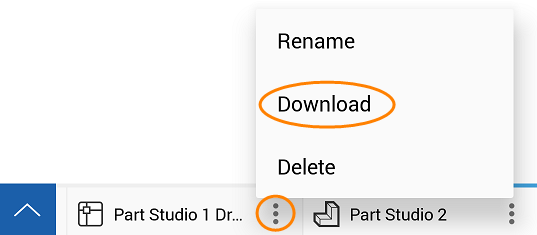 Ejemplo del icono del menú en la pestaña de Part Studio delimitado por un círculo de color anaranjado, y la opción Descargar en otro de color en anaranjado