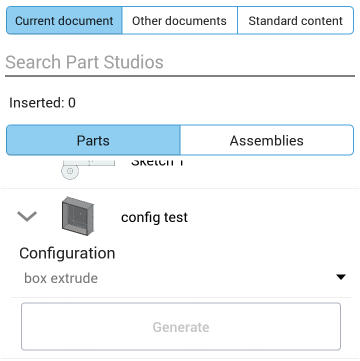 Opciones de piezas con configuración configurada en extrusión de caja