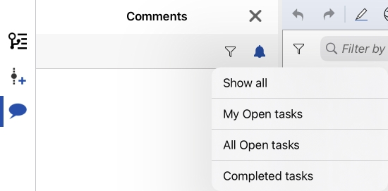 Ejemplo de opciones de filtro que se muestran en el menú desplegable Comentarios en iOS