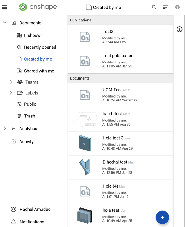 Captura de pantalla de la página Documentos con el filtro Creado por mí seleccionado en un dispositivo Android (diseño vertical)