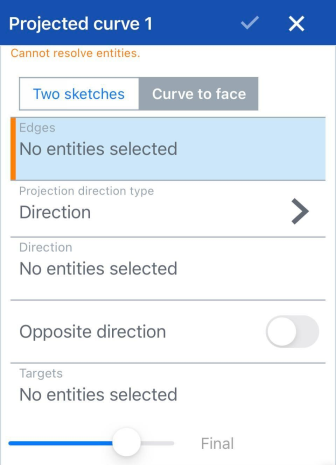 Cuadro de diálogo Curva proyectada con la opción Curva a cara seleccionada, plataforma iOS