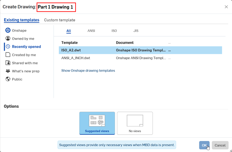 inserting a part into a drawing using suggested views