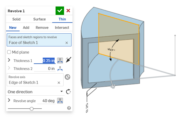 Revolve (Thickness 1 and Revolve angle dimensions)