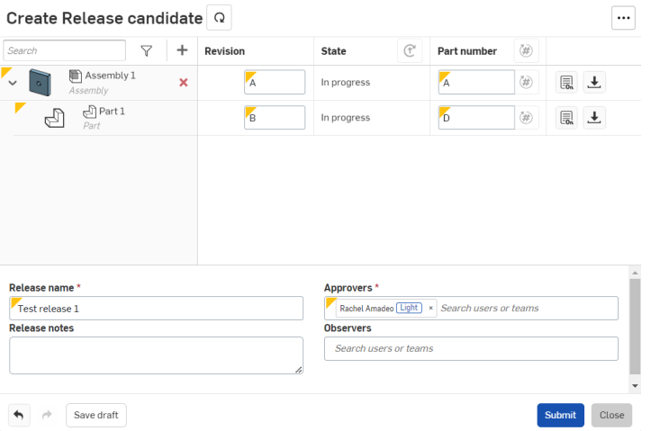 Captura de pantalla del cuadro de diálogo Crear candidato de lanzamiento