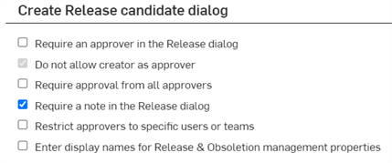 Administración de versiones: cuadro de diálogo Crear candidato a publicación