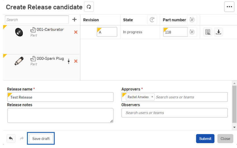Captura de pantalla del cuadro de diálogo Crear candidato de lanzamiento con el botón Guardar borrador delineado en azul