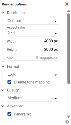 Configuración de salida de la representación para el archivo panorámico