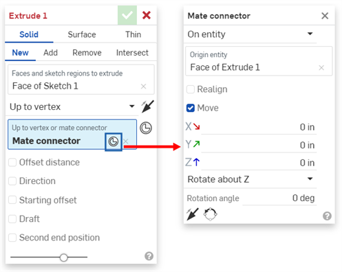 Hacer clic en el conector de relación, en el cuadro de diálogo Extrusión, para abrir el cuadro de diálogo Conector de relación y editar la relación