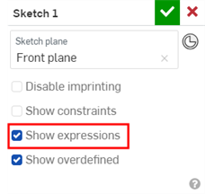 Cuadro de diálogo de boceto con la opción Mostrar expresiones marcada