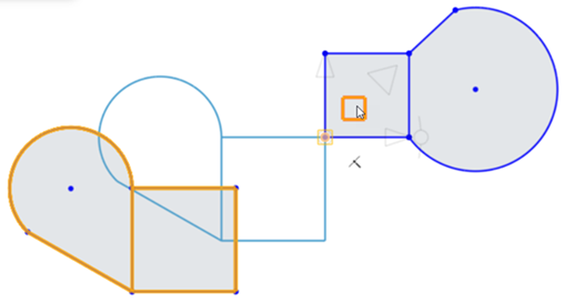 Uso del plano para arrastrar el punto de bola del boceto al punto de enganche de otro boceto