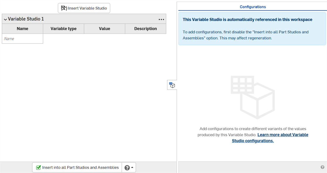 El panel de configuración predeterminado muestra una advertencia de que Variable Studio no se puede configurar