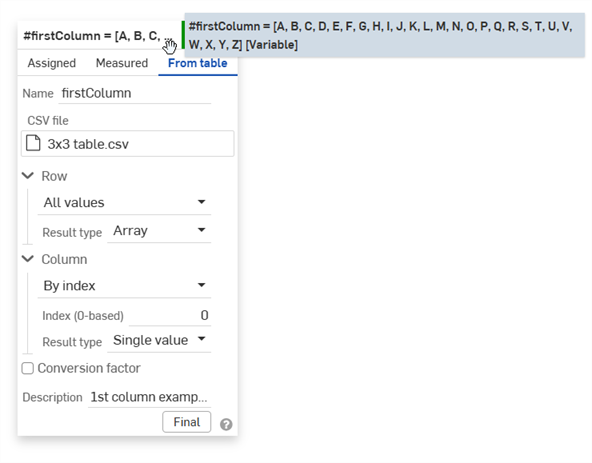 Variable: From table - First column example