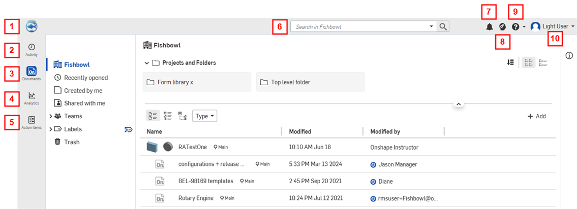 Page d'accueil de l'utilisateur avec profil restreint, navigation dans l'interface