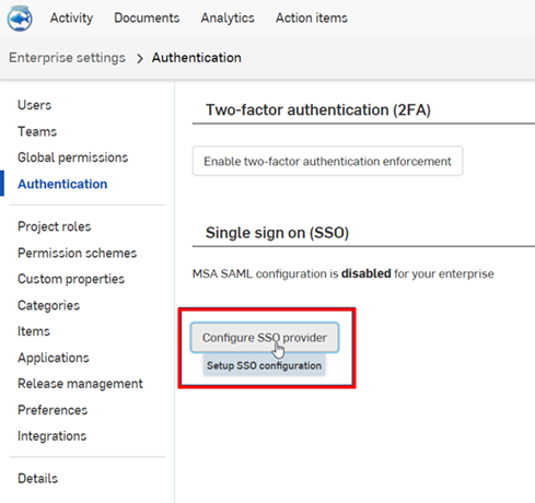 Cliquez sur le bouton Configurer le fournisseur SSO sur la page Authentification