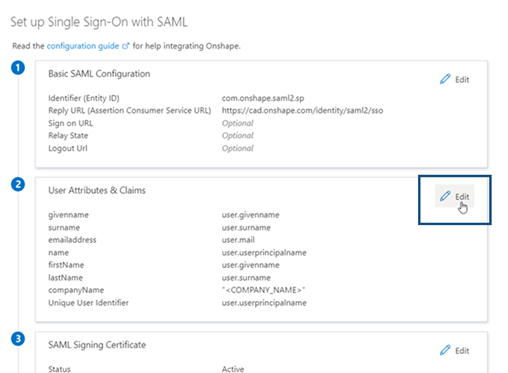 Cliquer pour modifier les attributs et revendications de l'utilisateur sur la page de connexion basée sur SAML