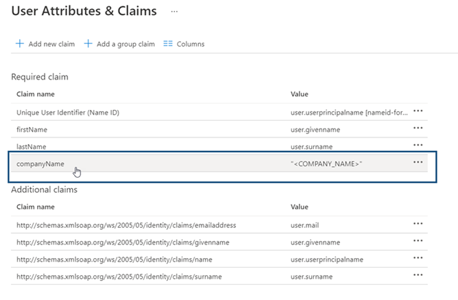 Sélection de la revendication CompanyName sur la page Attributs et revendications de l'utilisateur