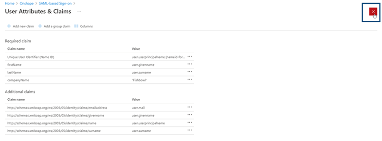 Fermeture de la page Attributs et revendications de l'utilisateur