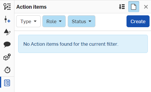 Screenshot of the Action items panel in an Onshape document