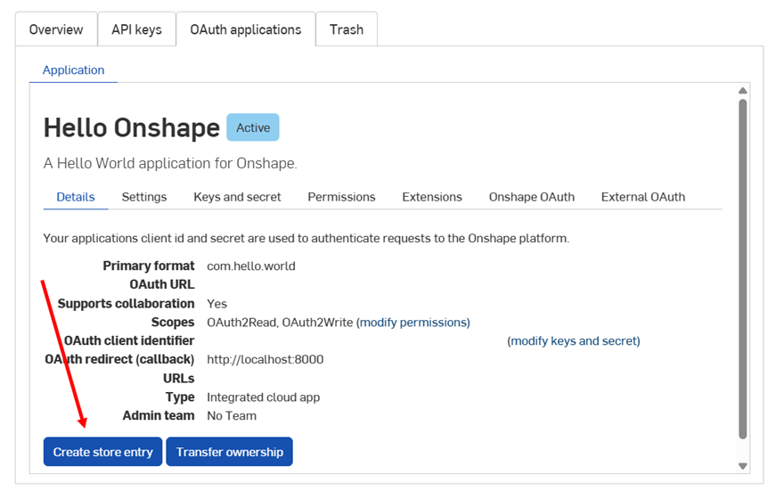 Page des applications OAuth avec le bouton Créer une entrée de store mis en surbrillance