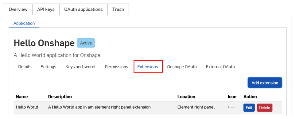 Configuration Enterprise > Développeur > Applications OAuth > Extensions