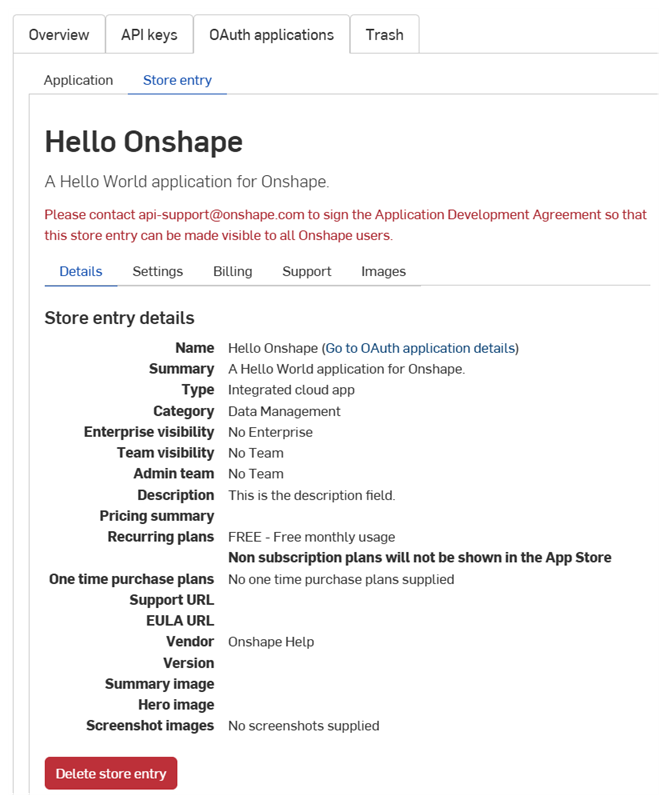 Page des applications OAuth avec l'onglet Entrée de store sélectionné