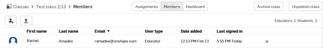 Capture d'écran de la section Membres du tableau de bord EDU Classes