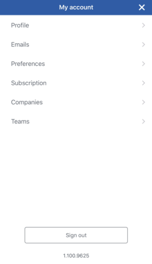 Screenshot of Account settings page on iOS