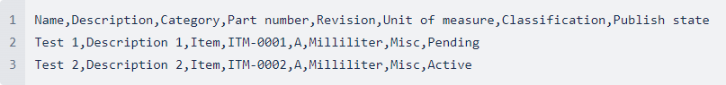 Exemple de modèle de téléchargement de pièces au format CSV