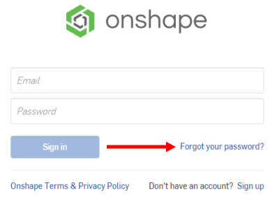 Connexion Onshape avec flèche pointant vers l'endroit où vous pouvez cliquer si vous avez oublié votre mot de passe