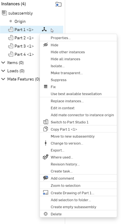 Menu contextuel de l'instance