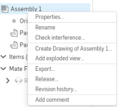 Screenshot of the RMB-click Assembly menu in the Instances list