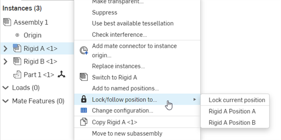 Verrouiller/suivre la position jusqu'à l'option dans le menu contextuel Assemblage