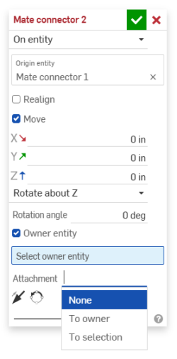 Screenshot of the Mate connector dialog with the Attachment dropdown menu options opened