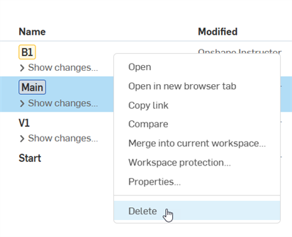 Menu accessible avec un clic droit sur une branche du gestionnaire de versions