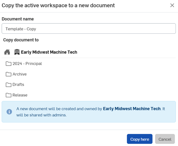 Copy workspace dialog