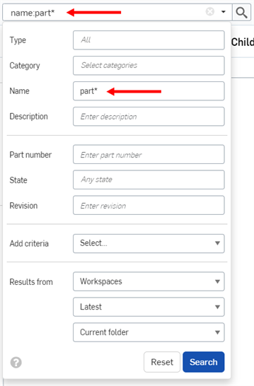 Screenshot of document page advanced search dropdown criteria