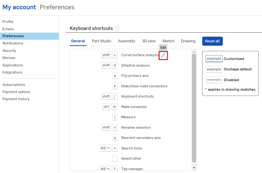 Mon compte Préférences Section des raccourcis clavier avec l'option Modifier en surbrillance