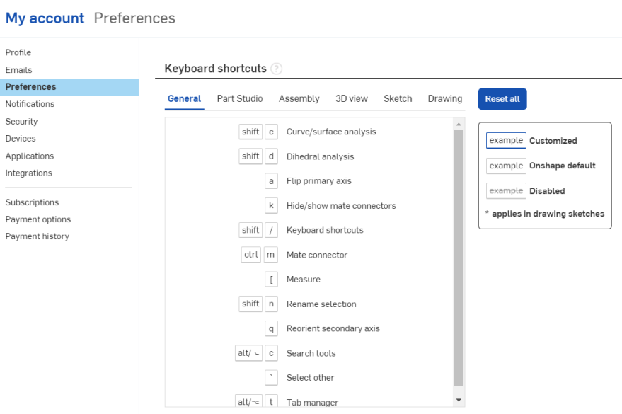 Mon compte Préférences Section des raccourcis clavier