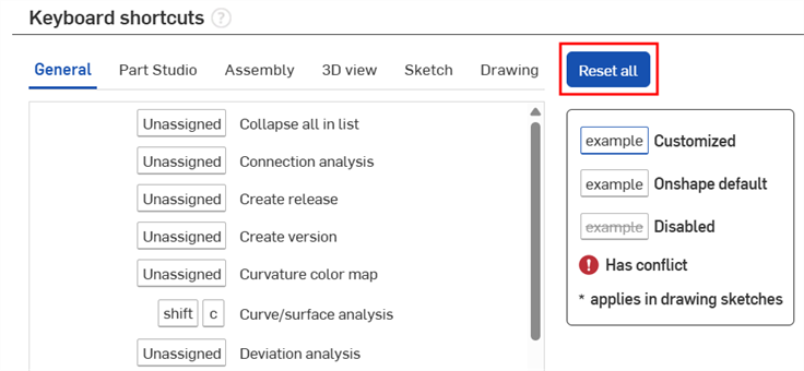 keyboard shortcuts - Reset all button