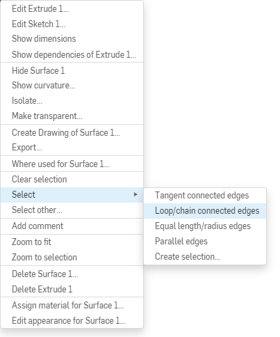 Exemple d'option d'arêtes connectées en boucle/chaîne mise en surbrillance dans un menu contextuel